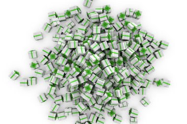 Yeşil şerit yay ile beyaz hediye kutuları