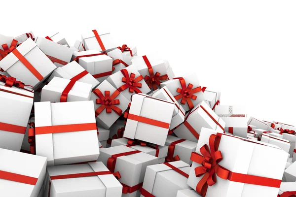 White gift boxes with red ribbon bow — Stock Photo, Image