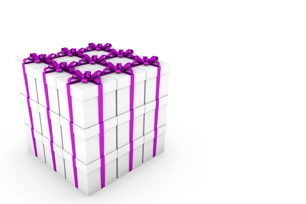 바이올렛 리본 활과 흰색 선물 상자 — 스톡 사진