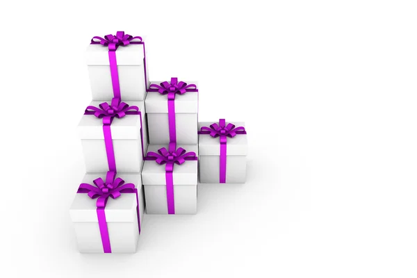 White gift boxes with violet ribbon bow — Stock Photo, Image