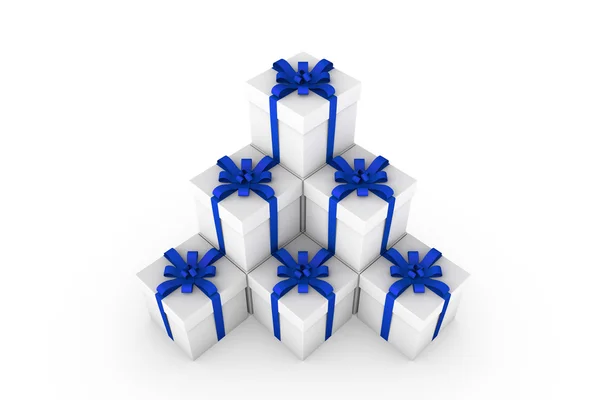 블루 리본 활과 흰색 선물 상자 — 스톡 사진
