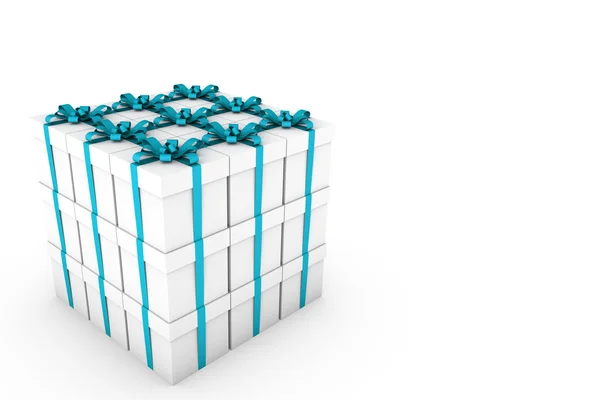 라이트 블루 리본 활과 흰색 선물 상자 — 스톡 사진