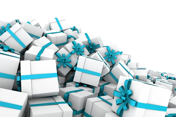 Білі подарункові коробки зі світло-блакитним стрічковим бантом — стокове фото