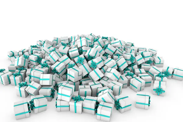 White gift boxes with cyan ribbon bow — Stock Photo, Image