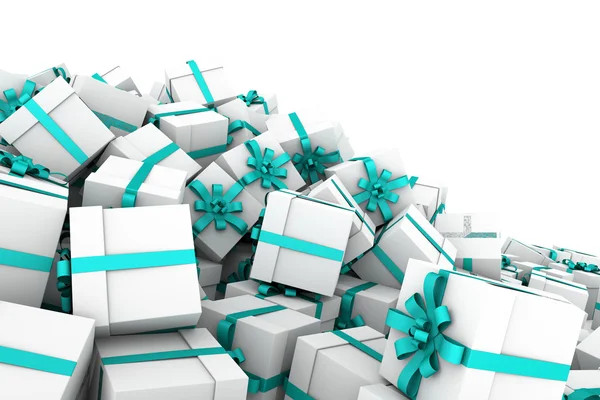 White gift boxes with cyan ribbon bow — Stock Photo, Image