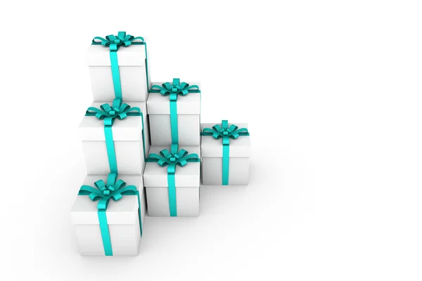 Witte geschenkdozen met strik cyaan lint — Stockfoto
