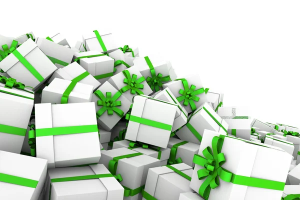 Cajas de regalo blancas con lazo de cinta verde — Foto de Stock