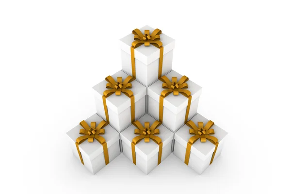Weiße Geschenkboxen mit orangefarbener Schleife — Stockfoto