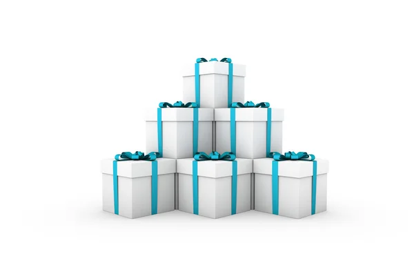 White gift boxes with light blue ribbon bow — Stock Photo, Image