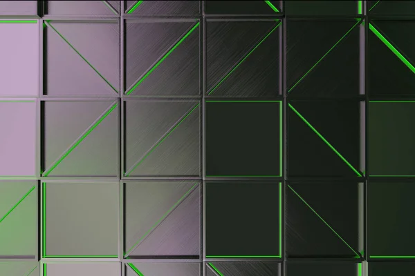Wand aus gebürsteten Metallfliesen mit diagonal leuchtenden Elementen — Stockfoto