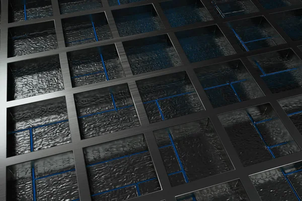 Parlak çizgiler ve öğeleri fırçalanmış metal şekillerle yapılmış, fütüristik teknolojik veya endüstriyel arka plan — Stok fotoğraf