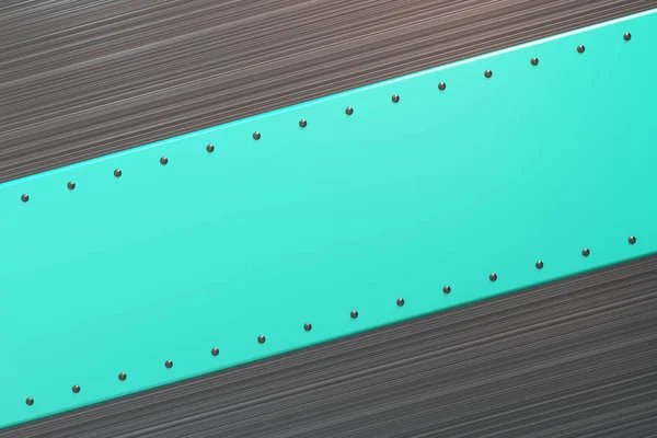 Rechteckige farbige Platte mit Nieten auf gebürstetem Metallhintergrund — Stockfoto