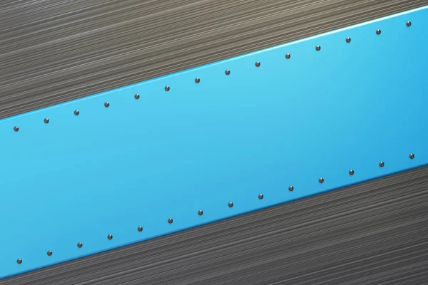 Rechteckige farbige Platte mit Nieten auf gebürstetem Metallhintergrund — Stockfoto
