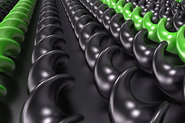 Preto e verde plástico espiral varas no fundo preto — Fotografia de Stock