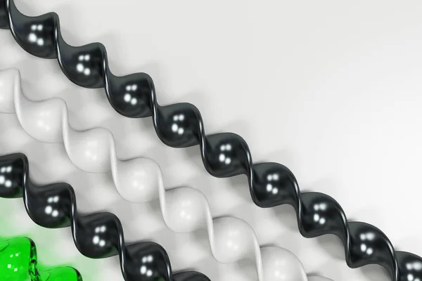 Plástico preto e branco e varas espirais de vidro verde em b branco — Fotografia de Stock