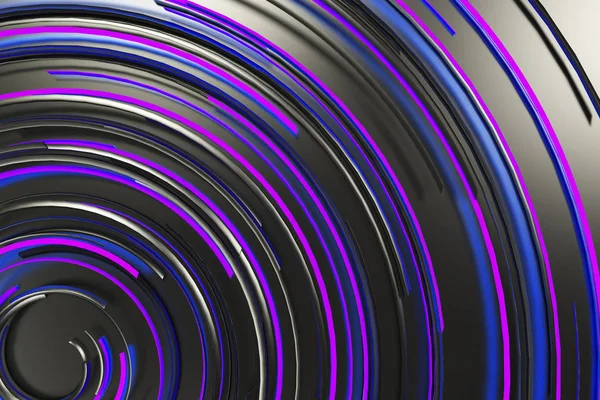 Spirale concentrica nera con elementi luminosi blu sul retro nero — Foto Stock