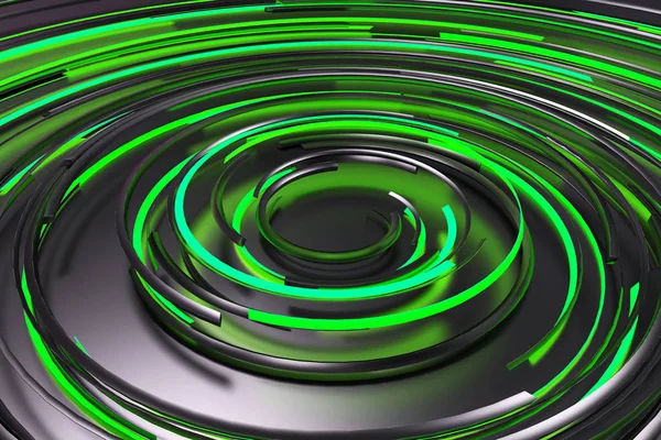 Black concentric spiral with green glowing elements on black bac