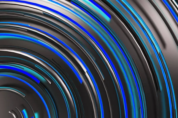 Spirale concentrique noire avec des éléments bleus lumineux sur le dos noir — Photo