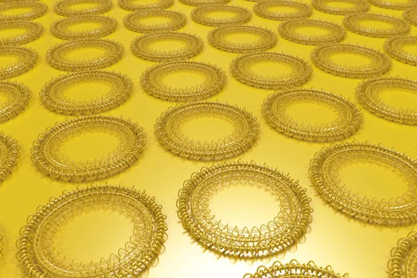 Modèle de formes concentriques en anneaux et spirales sur jaune — Photo