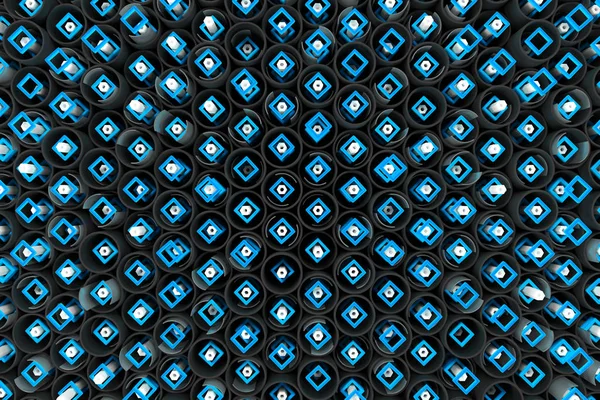 Pattern of black tubes, hexagons, square elements and glass surf — Stock Photo, Image