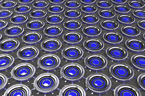 Honeycomb pattern of concentric metal shapes with blue elements