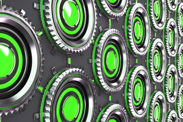 Сотовый рисунок концентрических металлических форм с зелеными элементами — стоковое фото