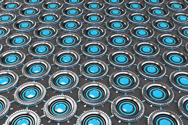 Сотовый рисунок концентрических металлических форм с голубыми элементами — стоковое фото