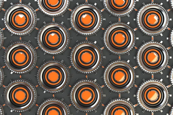 オレンジ色の要素を持つ同心円の金属形状のハニカム パターン — ストック写真