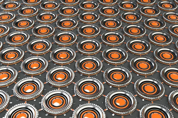 Honeycomb pattern of concentric metal shapes with orange element