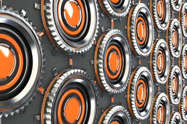Сотовый рисунок концентрических металлических форм с оранжевым элементом — стоковое фото