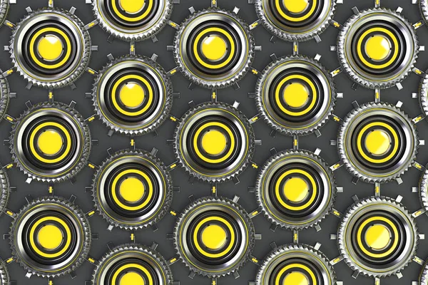 Honeycomb pattern of concentric metal shapes with yellow element