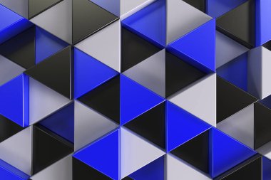 Siyah, beyaz ve mavi üçgen prizmalar paterni