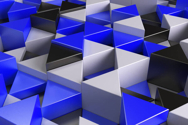Pattern of black, white and blue triangle prisms. Wall of prisms. Abstract background. 3D rendering illustration.