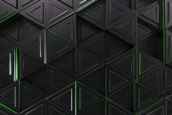 Pattern of black triangle prisms with green glowing lines — Stock Photo, Image