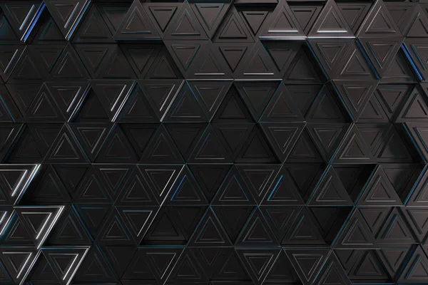 Padrão de prismas triangulares pretos com linhas azuis brilhantes — Fotografia de Stock