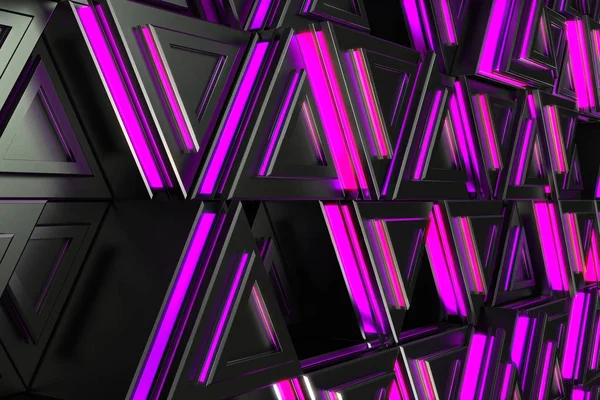 Pattern of black triangle prisms with violet glowing lines — Stock Photo, Image