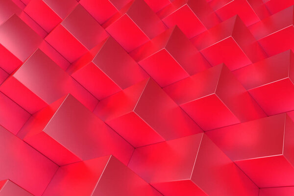 Pattern with red rectangular shapes. Wall of cubes. Abstract background. 3D rendering illustration