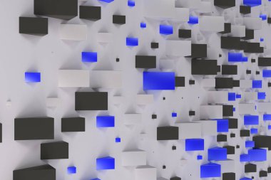 Rastgele büyüklükteki beyaz üzerine siyah, beyaz ve mavi dikdörtgen şekiller