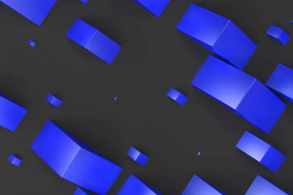 검은 배경에 임의 크기의 파란색 사각형 도형 — 스톡 사진