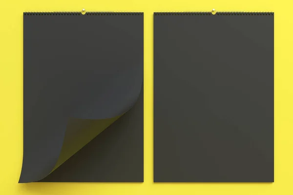 Černá stěna kalendář maketa na žlutém podkladu — Stock fotografie
