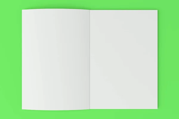Maketa prázdné bílé otevřené brožury na zeleném pozadí — Stock fotografie