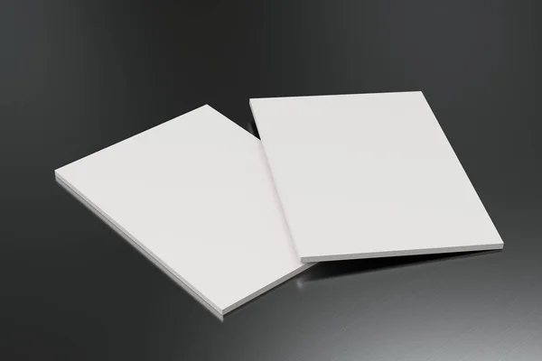 Két üres fehér zárt brosúra modell a szálcsiszolt fém backgro — Stock Fotó