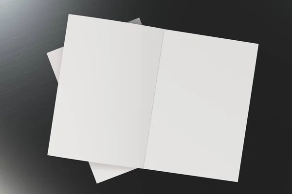 Dos blanco en blanco folleto abierto maqueta sobre fondo de metal cepillado —  Fotos de Stock
