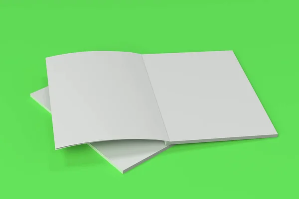 Две чистые белые открытые брошюры макет на зеленом фоне — стоковое фото