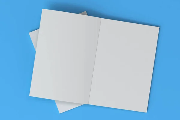 Dos blanco en blanco folleto abierto maqueta sobre fondo azul —  Fotos de Stock