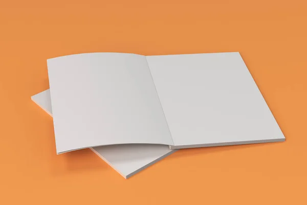 Due bianco bianco aperto opuscolo mock-up su sfondo arancione — Foto Stock