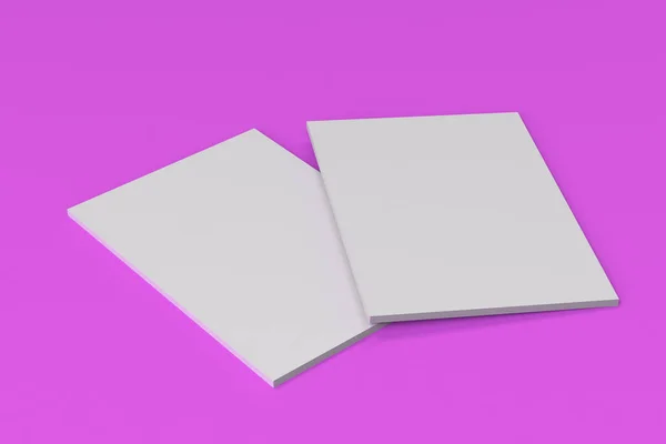 Két üres fehér zárt brosúra modell lila háttér — Stock Fotó