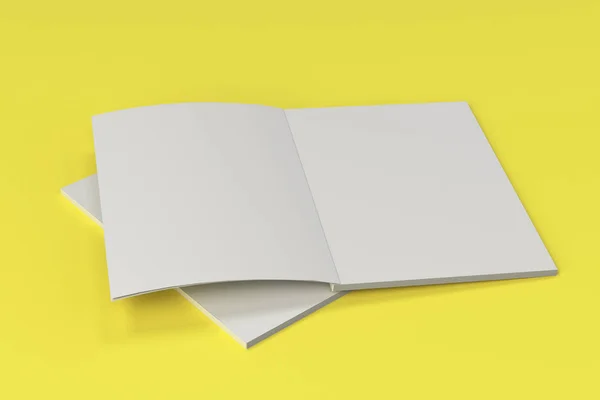 노란색 바탕에 두 개의 빈 흰색 오픈 안내 책자 모형 — 스톡 사진