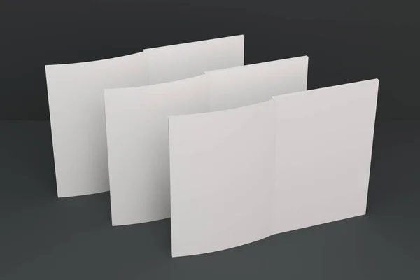 Três branco branco aberto brochura mock-up em fundo preto — Fotografia de Stock
