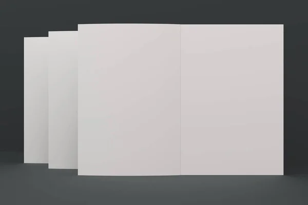 Três branco branco aberto brochura mock-up em fundo preto — Fotografia de Stock
